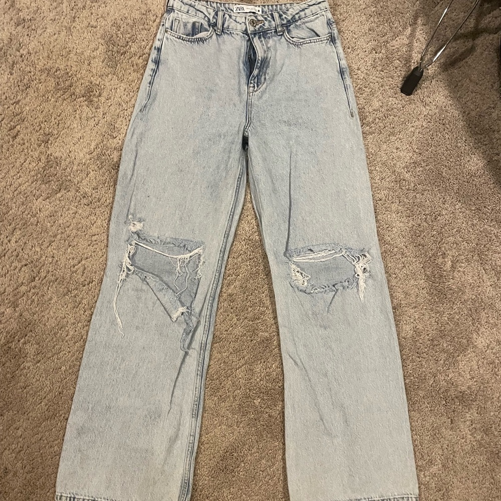 Zara Blue Straight Leg Jeans with Distressed Details